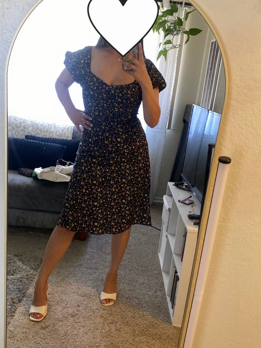 Floral Square-Neck Midi Dress in Black